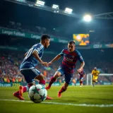 Football players competing during a Champions League match at a vibrant stadium