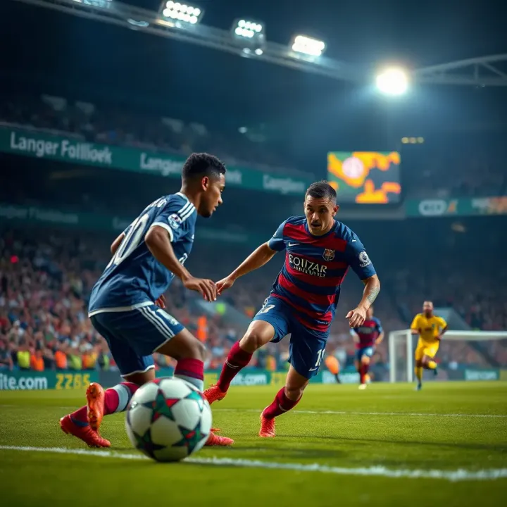 Intense Champions League Match in Progress Football players competing during a Champions League match at a vibrant stadium