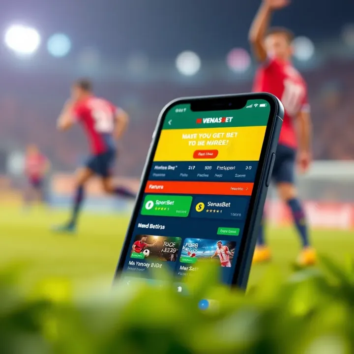 Mobile phone displaying M Venasbet betting platform interface with sports and betting options