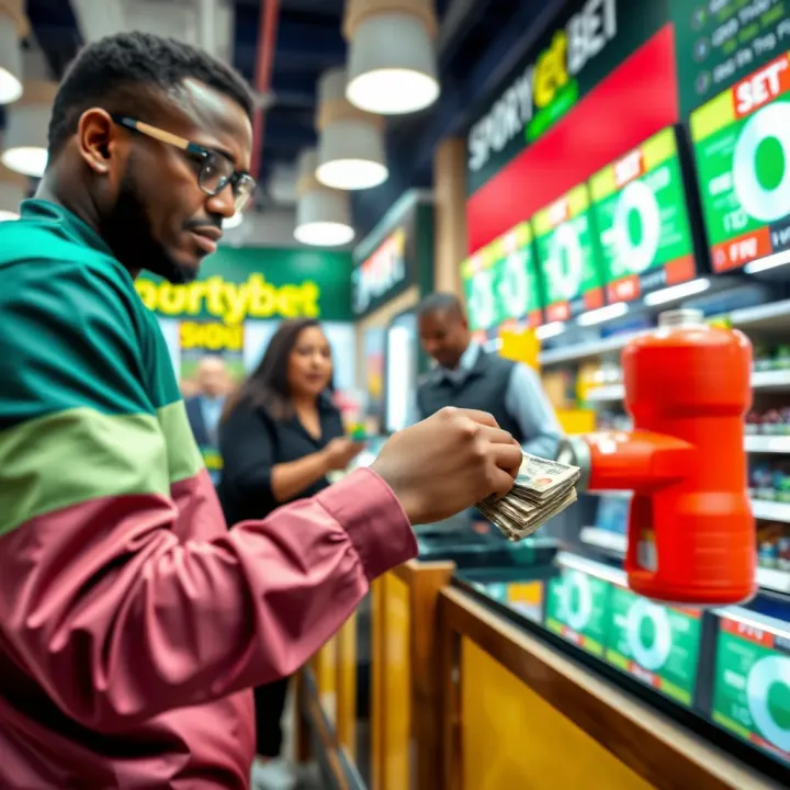 Cash being handed over at a counter in a vibrant Sporty Bet betting shop environment
