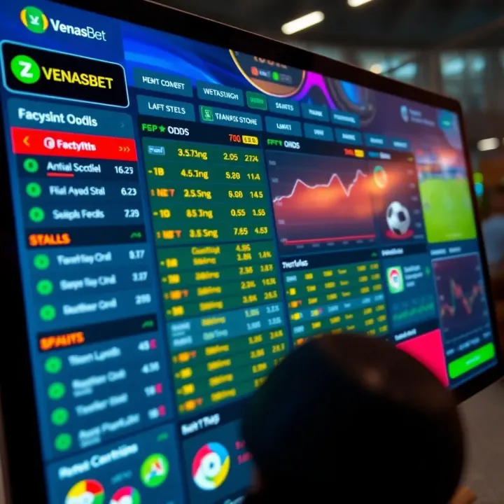 Digital interface displaying various sports betting odds and statistics on a vibrant screen