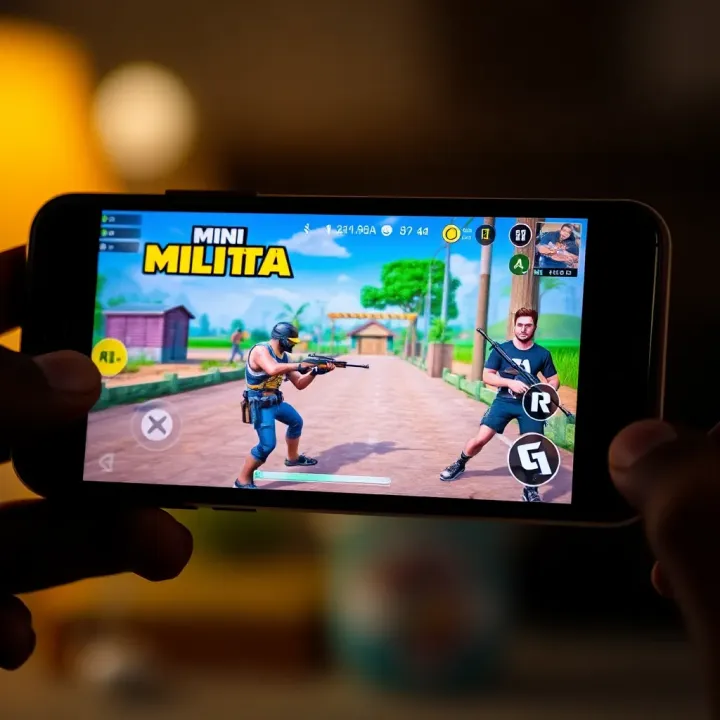 Smartphone displaying Mini Militia game interface with vibrant graphics