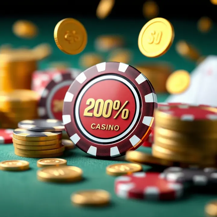 Illustration of digital bonus tokens and promotional offers surrounding a casino chip