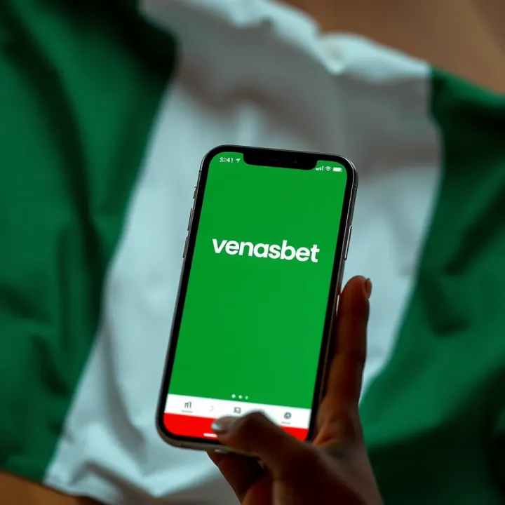 Venasbet App Interface on iPhone in Nigeria iPhone displaying the Venasbet sports betting app interface with Nigerian flag background