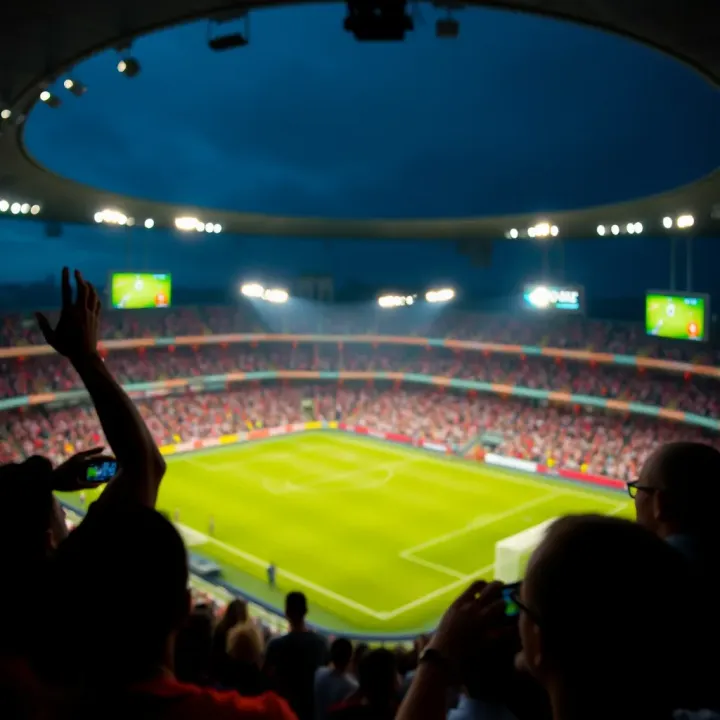 Live streaming of a football match with vibrant stadium lights and excited fans