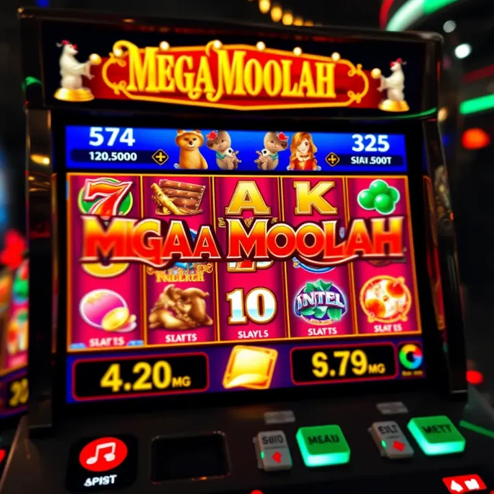 Detailed view of an online casino slot machine interface featuring the Mega Moolah game with vibrant symbols and payout options
